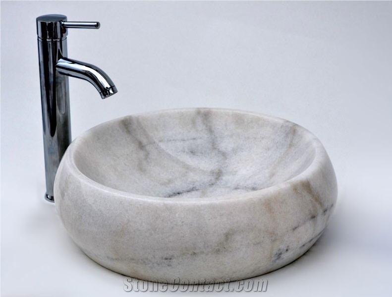 Round Solid Basin in Marble, White Marble Basin