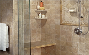 Antiqueted Travertine Tiles Bath Design, Classic Beige Travertine