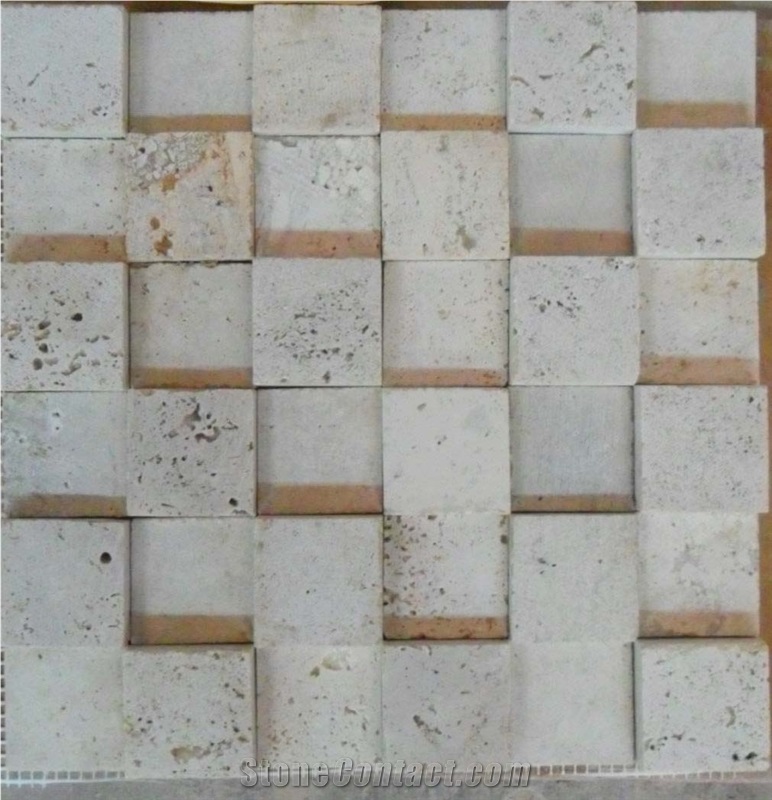 3d Beige Tumbled Travertine Small Square Stepping Mosaic