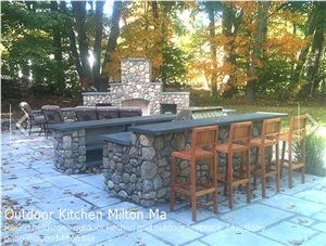 Round Fieldstone Outdoor Kitchen, New York Grey Blue Stone Kitchen Design