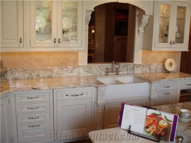 White Spring Granite Kitchen with Farm Sink, Spring White Granite Kitchen Countertops