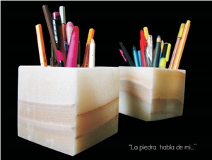 Baja Onyx Carved Desk Pencil Cup, Baja White Onyx Home Decor