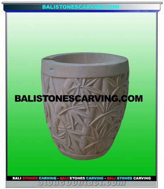 Stone Flower Pot in Carved Palimanan Sandstone, Palimanan Beige Sandstone Flower Pot