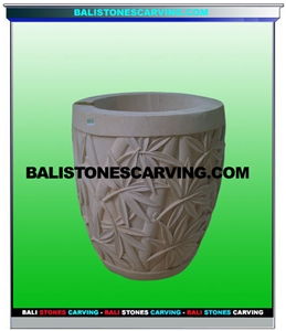 Stone Flower Pot in Carved Palimanan Sandstone, Palimanan Beige Sandstone Flower Pot