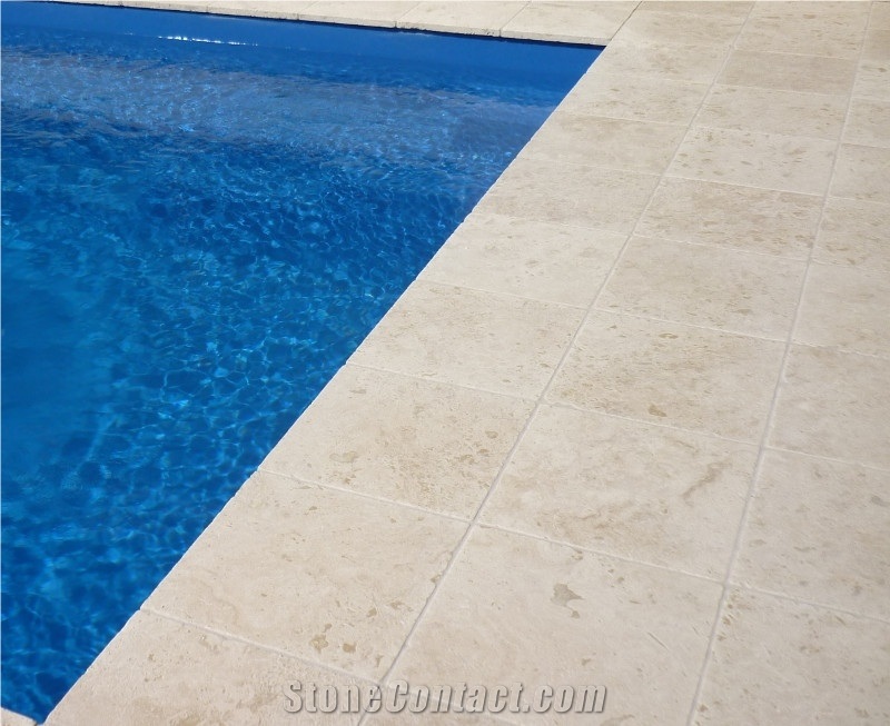 Classic Travertine Tumbled and Filled Pool Pavers, Classic Beige Travertine Pool Pavers