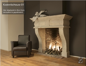 Lacombe French Limestone Carved Fireplace Design, Combe Brune Beige Limestone Fireplace Design