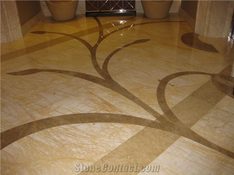 Golden Spider Marble Inlayed Floor Pattern , Platanotopos Yellow White Marble Tiles