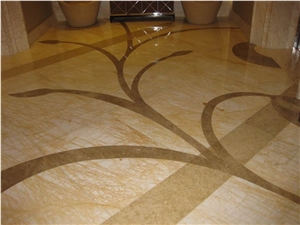 Golden Spider Marble Inlayed Floor Pattern , Platanotopos Yellow White Marble Tiles
