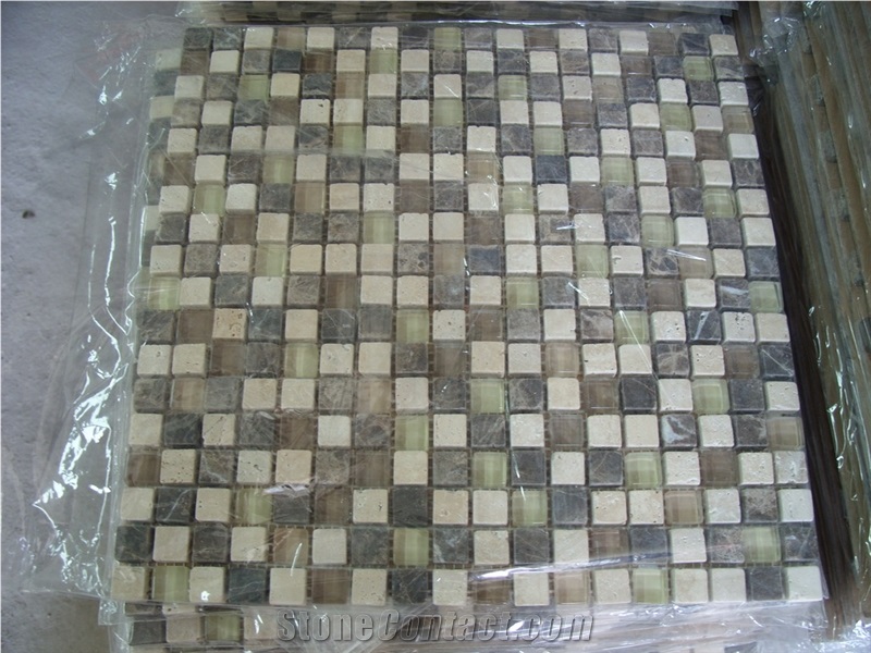 Emperador Dark Marble Mosaic, China Brown Marble with Glass Mosaic,Linear Strip Mosaic