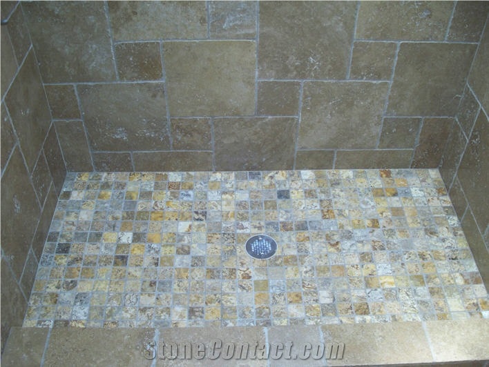 Noce Travertine Tumbled French Pattern Bathroom Wall Tiles, Turkey Brown Travertine