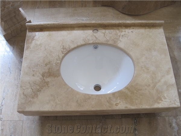 Honed Travertine Bathroom Vanity Top, Forest Beige Travertine Bathroom Vanity Top