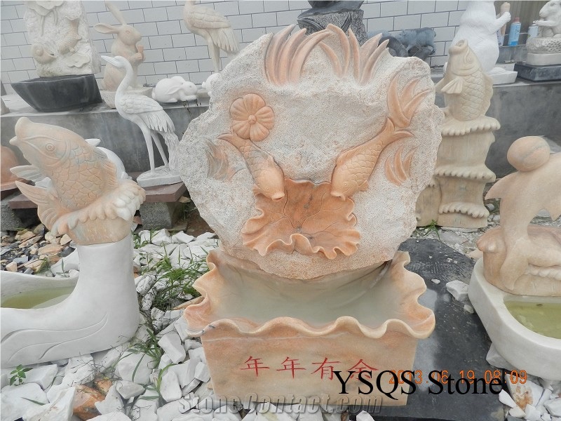Decorative Fish Statue Fountain, Sunset Glow Red Beige Marble Fountain