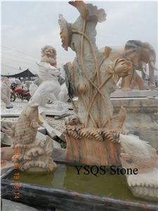 Decorative Fish Statue Fountain, Sunset Glow Red Beige Marble Fountain