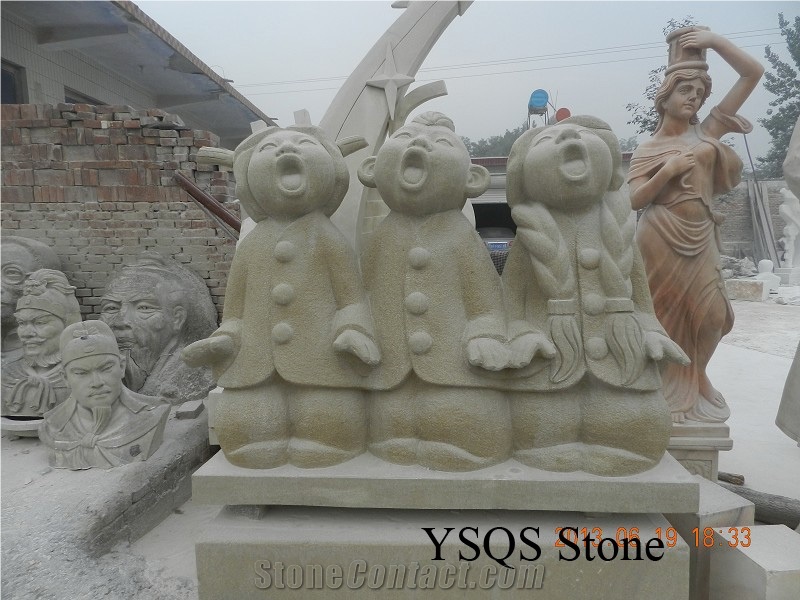 Singing Stone Children Sculpture, Beige Granite Sculpture