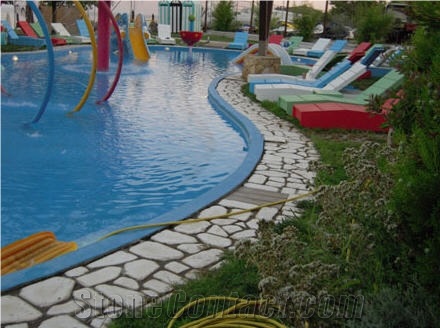 Thassos White Marble, Pool Deck Oavements with Antic Tiles and Marmoreal Stone