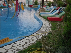 Thassos White Marble, Pool Deck Oavements with Antic Tiles and Marmoreal Stone