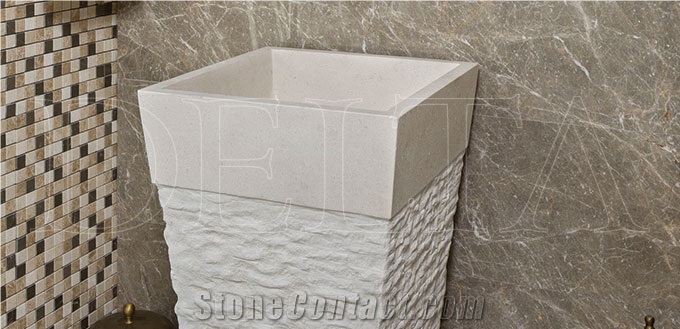 Crema Bello Limestone Bukhara Pedestal Basin, Crema Bello White Limestone Pedestal Basin