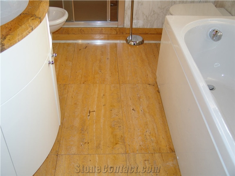 Honed Travertino Giallo Bathroom Floor Tiles, Travertino Giallo Travertine Tile