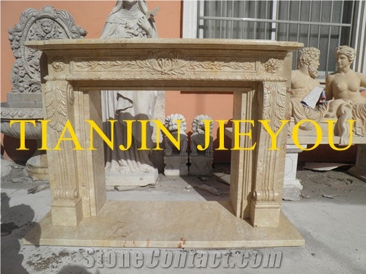 Elegant Caved Natural Marble Fireplace, Beige Marble Fireplace
