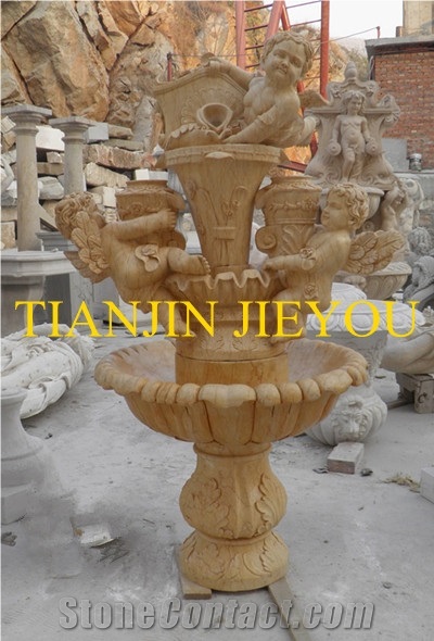 Garden Stone Carving Marble Fountain with Angels, Beige Marble Fountain