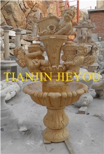 Garden Stone Carving Marble Fountain with Angels, Beige Marble Fountain