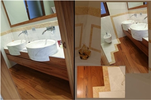 Bathroom Design in Calacatta Gold Marble and Crema Valencia Marble, Calacatta Gold White Marble Bathroom Design