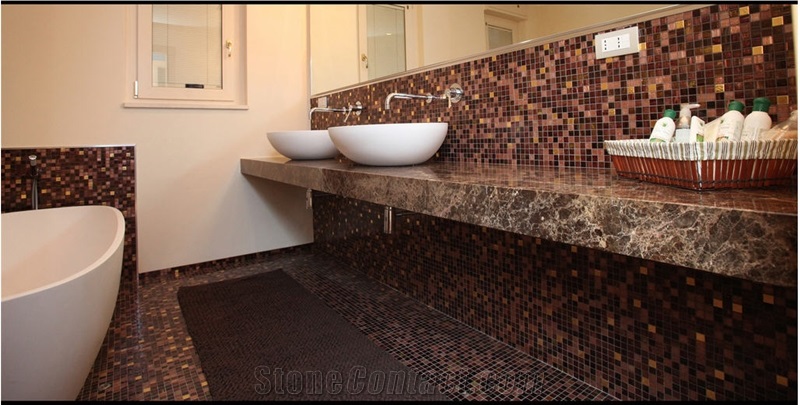 Bathroom in Marron Emperador Marble Vanity Top, Glass Mosaic Wall Tiles, Dark Emperador Brown Marble Bath Design