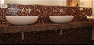 Bathroom in Marron Emperador Marble Vanity Top, Glass Mosaic Wall Tiles, Dark Emperador Brown Marble Bath Design