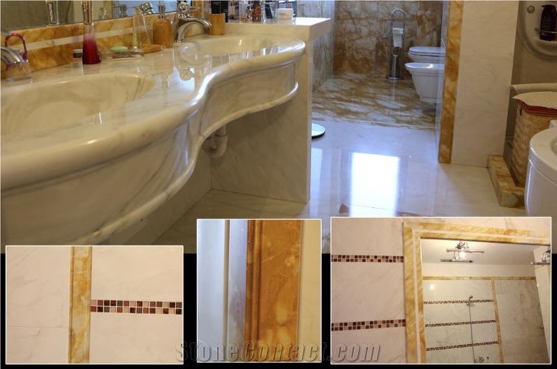 Calacatta Siena Marble Bathroom Floors, Calacatta Gold Marble Vanity Top, Calacatta Siena Yellow Marble Bath Design