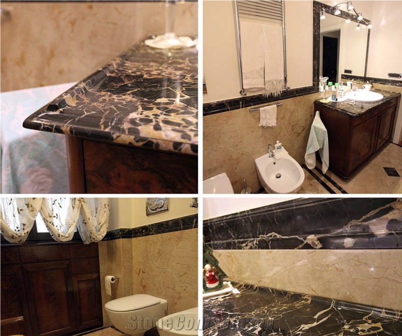 Nero Portoro Marble Bathroom Top, Rosalia Marble Wall and Floor Tiles, Nero Portoro Black Marble Bath Design