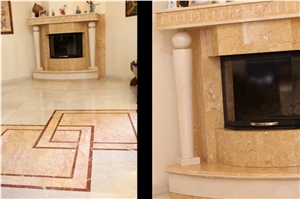 Spring Yellow Marble Fireplace, Botticino Classico Marble Floors