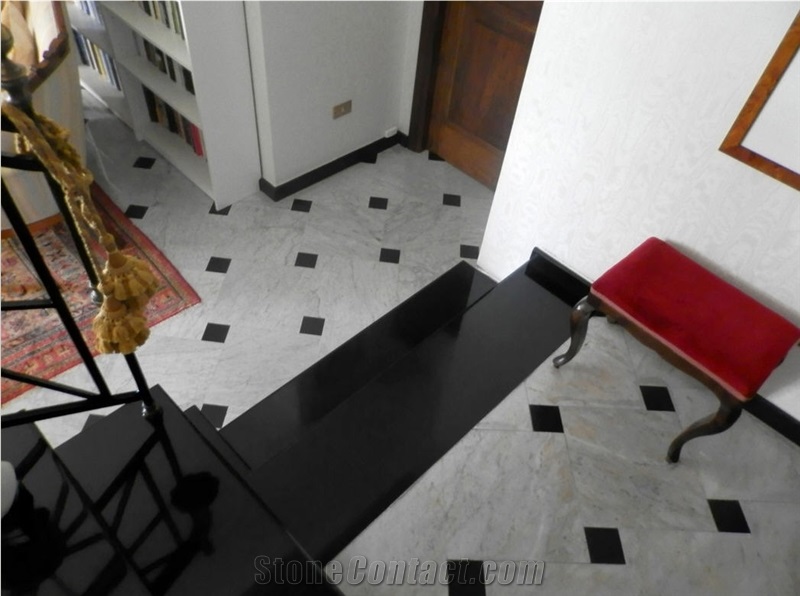 Bianco Carrara Unito C Marble Floor Tiles with Absolute Black Granite, Italy White Marble