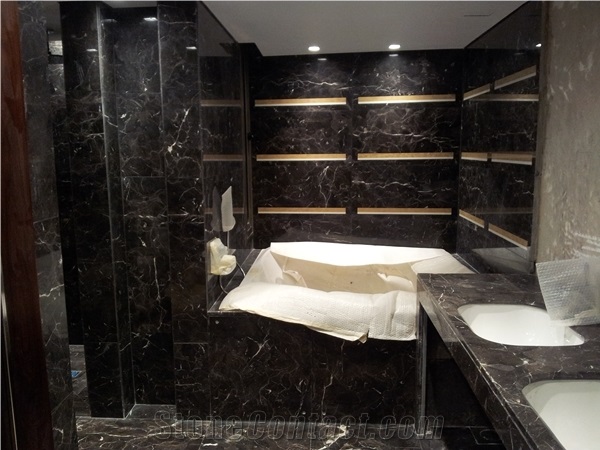 Maser Bathroom in Emperador Dark Marble Walls, Floors and Sink Top