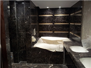 Maser Bathroom in Emperador Dark Marble Walls, Floors and Sink Top
