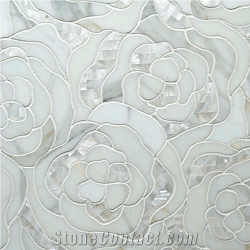 Chrysanthemum Calacatta Gold Marble with Mother Of Pearl Inlay Mosaic