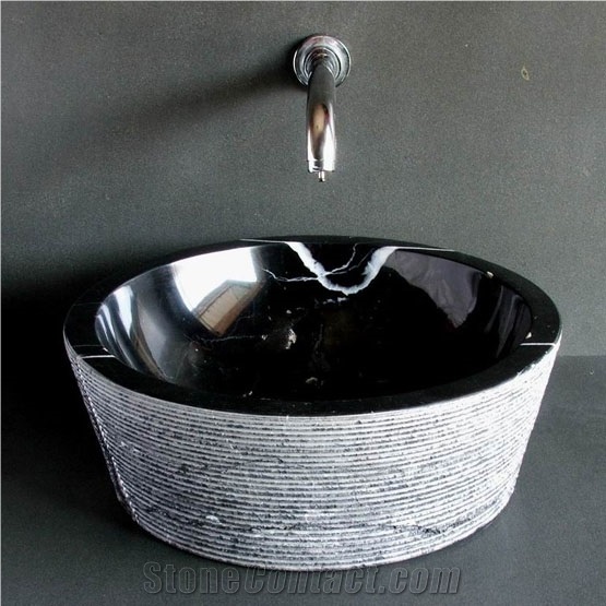 Nero Marquina Marble Sink, Black and White Marble Basin