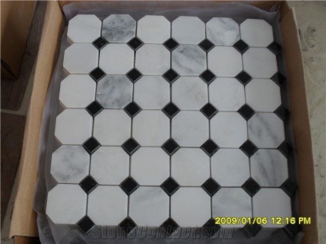 Octagon Carrara White Marble Mosaic, Marble Mosaic Tiles for Floor