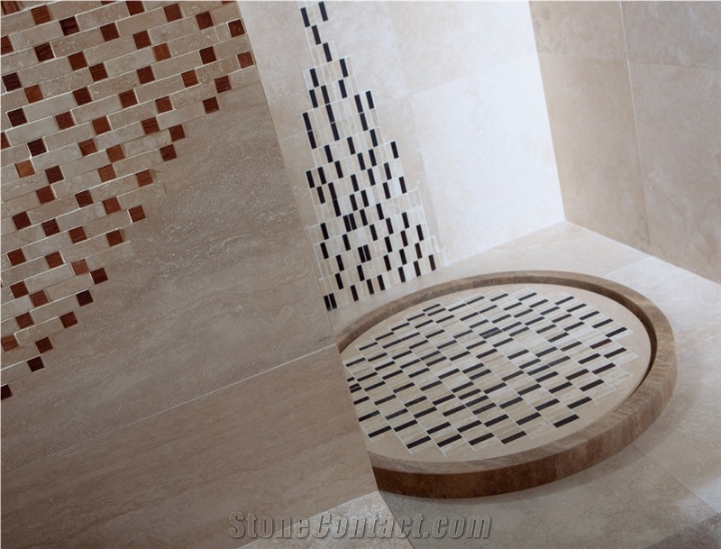 Orange Travertine, Travertino Toscano Rosato with Glass Mosaic Bathroom Design