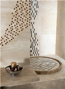 Orange Travertine, Travertino Toscano Rosato with Glass Mosaic Bathroom Design