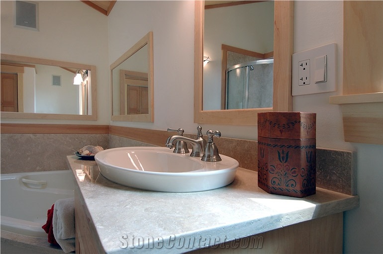 Honed Ramon Grey Limestone Bathroom Top with White Porcelin Vessel Bowl Sink