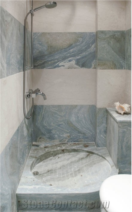 Vermion Green Marble and Kavala White Marble Bathroom Design