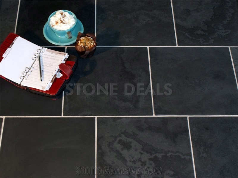 Brazilian Black Slate - Honed Tiles, Montauk Black Slate Floor Tiles
