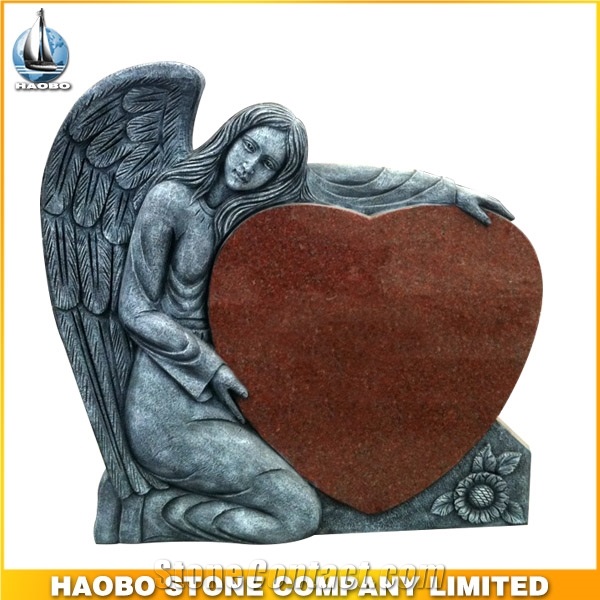 China Factory Direct Hand Carved Angel with Heart Monuments, Indian Red Granite Polished Headstone with Base