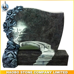 Rose Carving with Linecarving Granite Tombstone, Brown Granite Tombstone