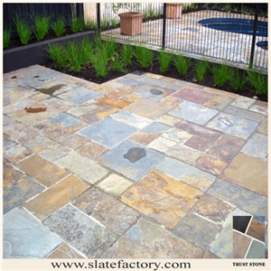 Cheap Price Chinese Peacock Rustic Slate Patio Flooring Tiles, Multicolor Rusty Slate Patio Paving, Factory Supply Cheap Rustic Slate Patio Flooring Tiles