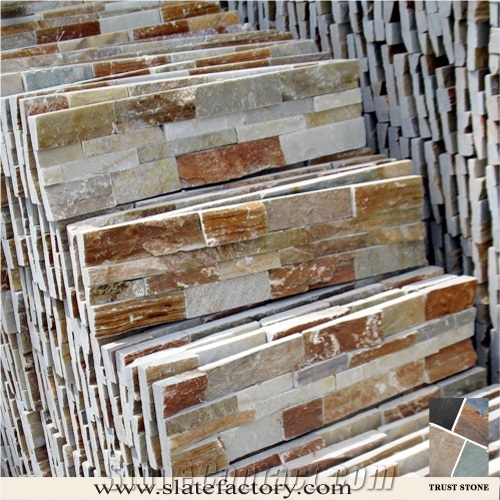 P014 Golden Beige Quartzite Cultured Stone Veneer Ledge Stone Walling Panel, Culture Stone Slate Veneer