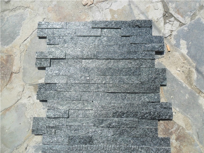 6"X24" Night Glitter Interlocking Ledgerstone, Black Quartzite Cultured Stone