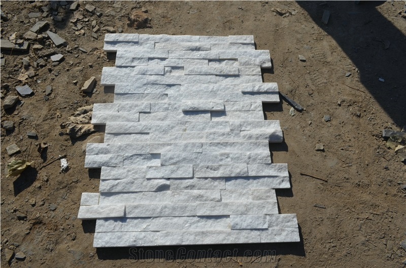 6"X24" Pure White Quartzite Interlocking Ledgerstone, White Quartz Quartzite Cultured Stone