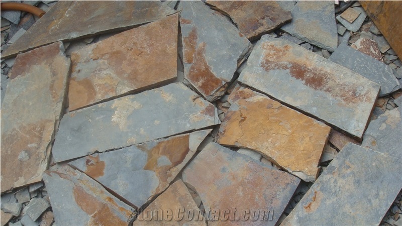 China Gold Random Slate Slabs & Tiles, Rusty Slate Slabs & Tiles, Hebei Rust Slate
