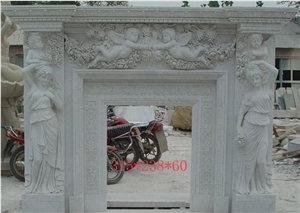 Carved Marble Angel Sculptured Fireplace, Jade White Marble Fireplace Design